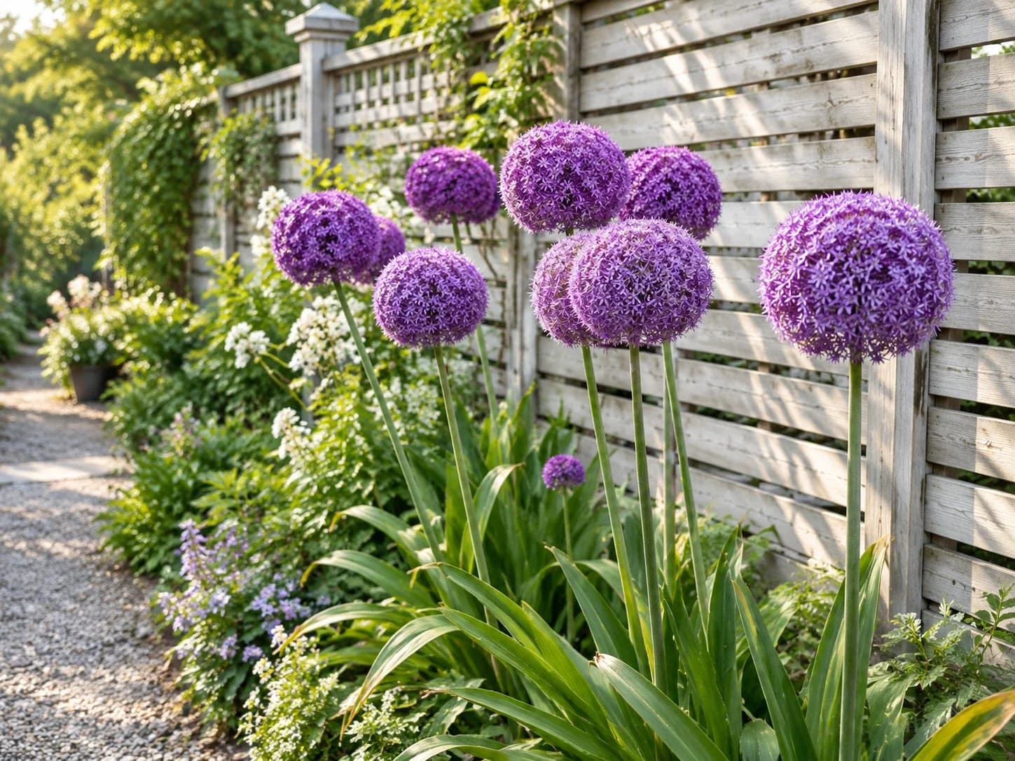 Purple Allium Giganteum flower globes rising above a garden border