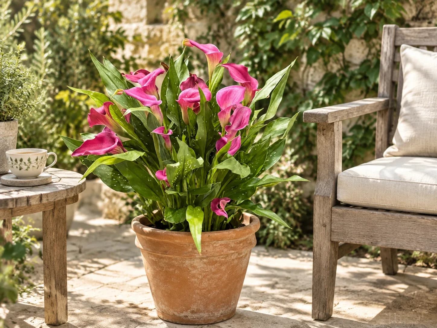 Pink calla lilies in a patio container