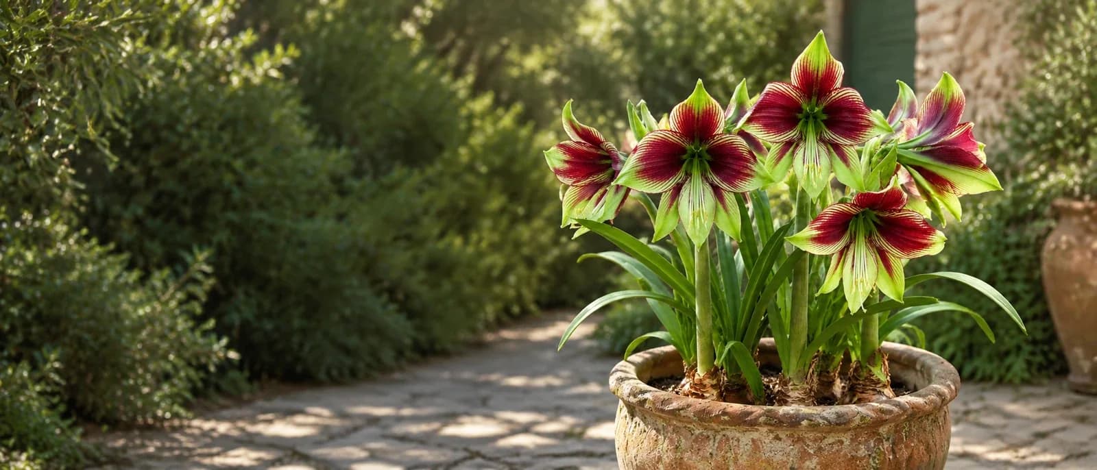 Burgundy and lime Papilio Amaryllis flowers in a garden pot